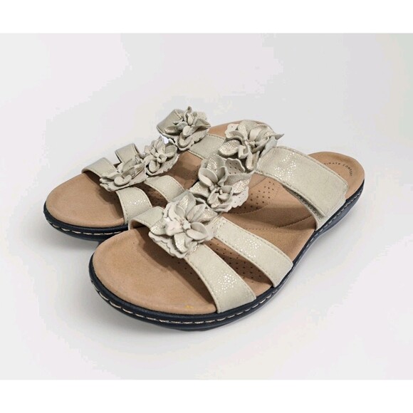 Clarks Floral Sandals Womens 7.5 Laurieann Flower Judi Beige Slip On Strappy - Picture 1 of 10